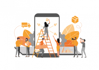 Illustration mehrerer Personen, die gemeinsam an einem großen Smartphone arbeiten. Eine Frau steht auf einer Leiter und zeichnet Netzwerksymbole, andere halten Werkzeuge oder Kartons, während im Hintergrund Zahnräder, Blätter und Liefer-Symbole zu sehen sind. Die Szene symbolisiert Teamarbeit, digitale Vernetzung und Prozessoptimierung.