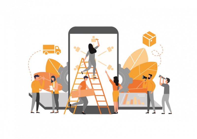 Illustration mehrerer Personen, die gemeinsam an einem großen Smartphone arbeiten. Eine Frau steht auf einer Leiter und zeichnet Netzwerksymbole, andere halten Werkzeuge oder Kartons, während im Hintergrund Zahnräder, Blätter und Liefer-Symbole zu sehen sind. Die Szene symbolisiert Teamarbeit, digitale Vernetzung und Prozessoptimierung.