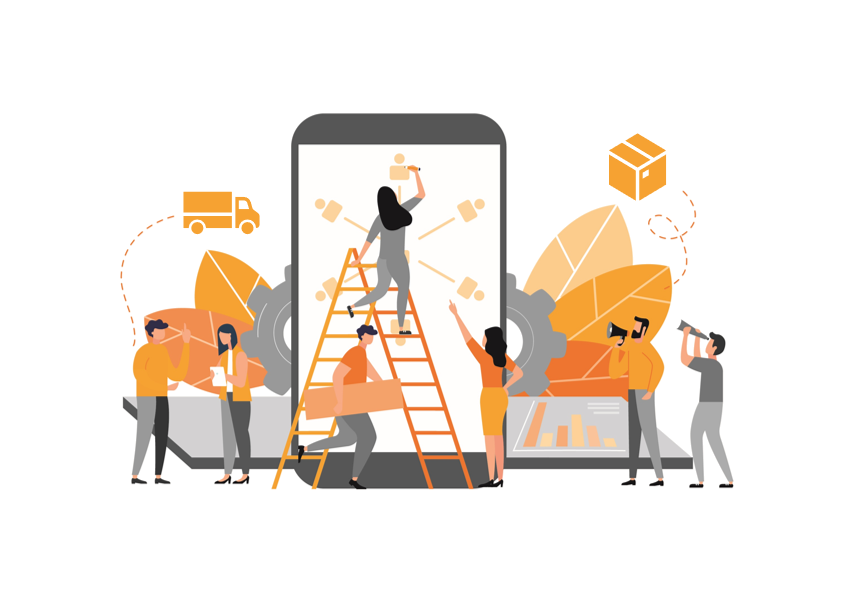 Illustration mehrerer Personen, die gemeinsam an einem großen Smartphone arbeiten. Eine Frau steht auf einer Leiter und zeichnet Netzwerksymbole, andere halten Werkzeuge oder Kartons, während im Hintergrund Zahnräder, Blätter und Liefer-Symbole zu sehen sind. Die Szene symbolisiert Teamarbeit, digitale Vernetzung und Prozessoptimierung.